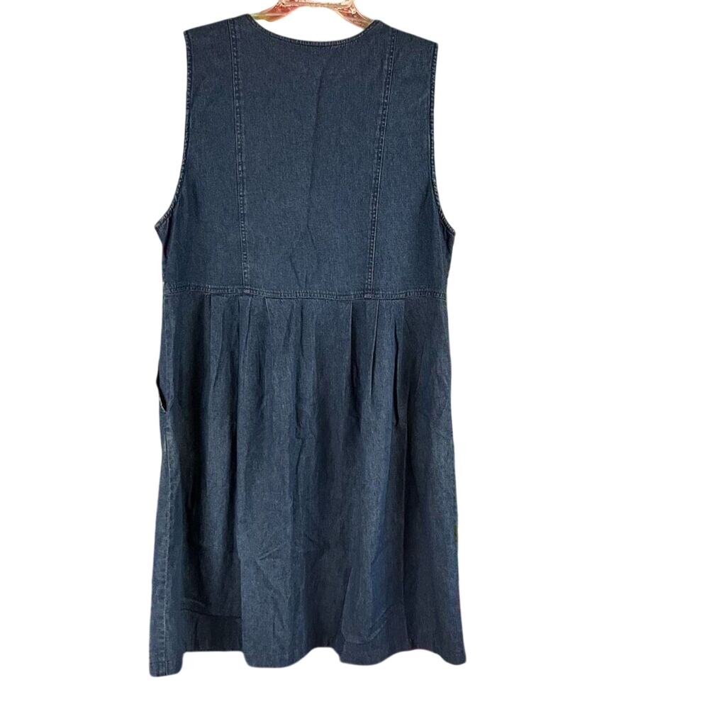 Vintage Jane Ashley 100% Cotton Denim Button Front Jumper Dress Embroidered Patr - Picture 2 of 6
